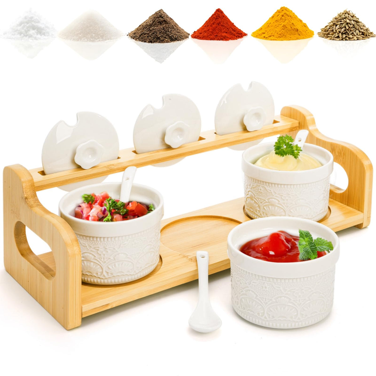 Acshio ceramic dipping bowls trio for sauces and dips on display
