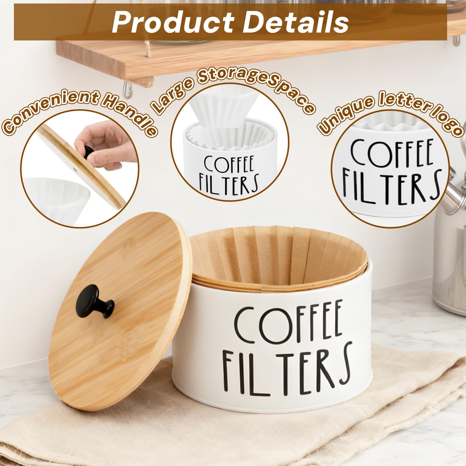 Round bamboo lid with metal handle on Acshio holder for quick access beside the coffee machine