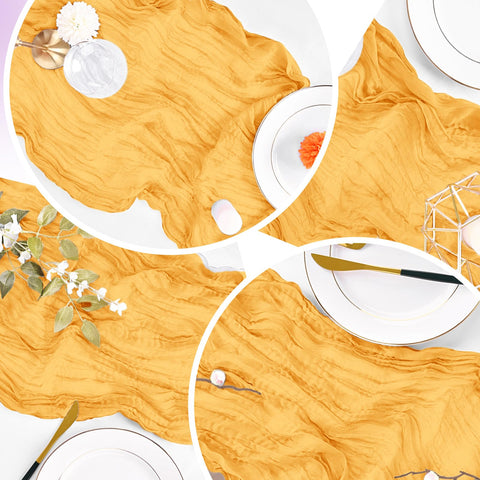 ACSUIT gold cheesecloth table runner adds delicate ambiance to a bridal table