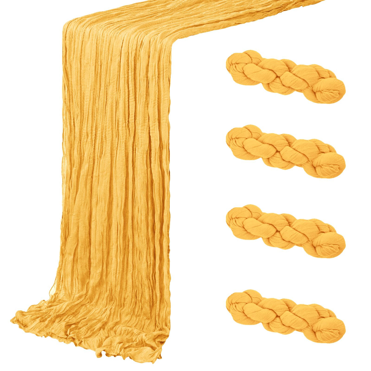 ACSUIT gold cheesecloth table runner laid flat on a table showing elegant texture and romantic ambiance