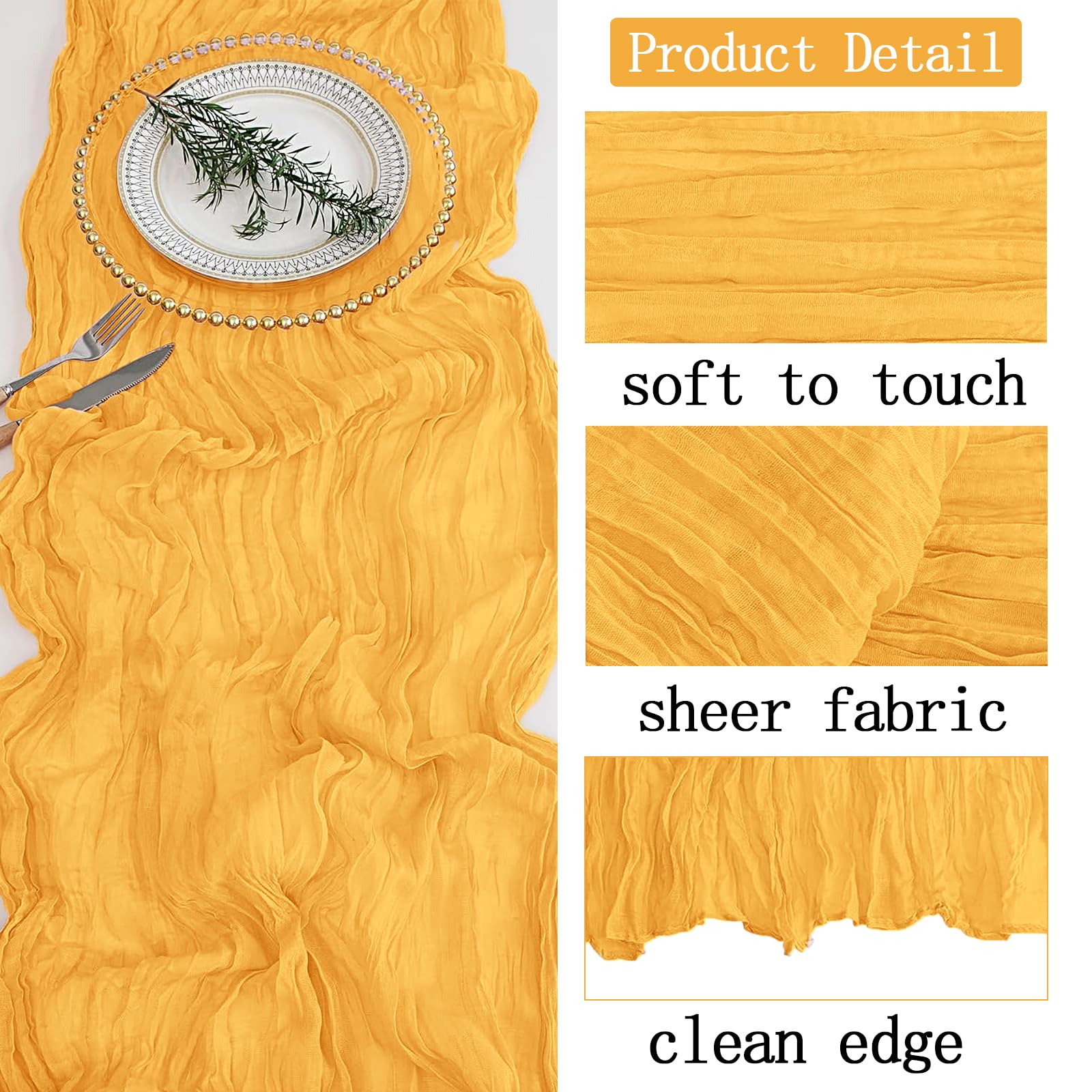 ACSUIT gold cheesecloth table runner draping over a table for wedding setup