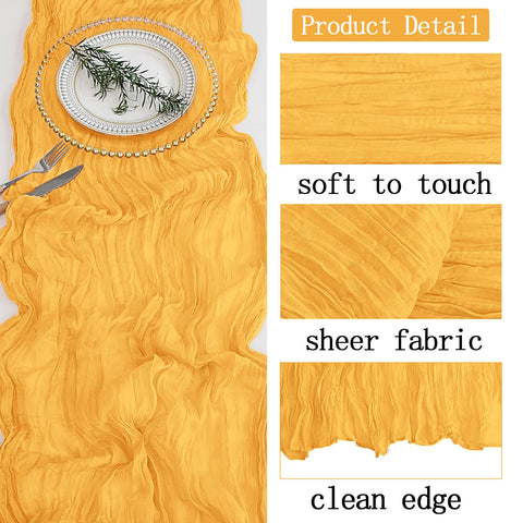 ACSUIT gold cheesecloth table runner draping over a table for wedding setup
