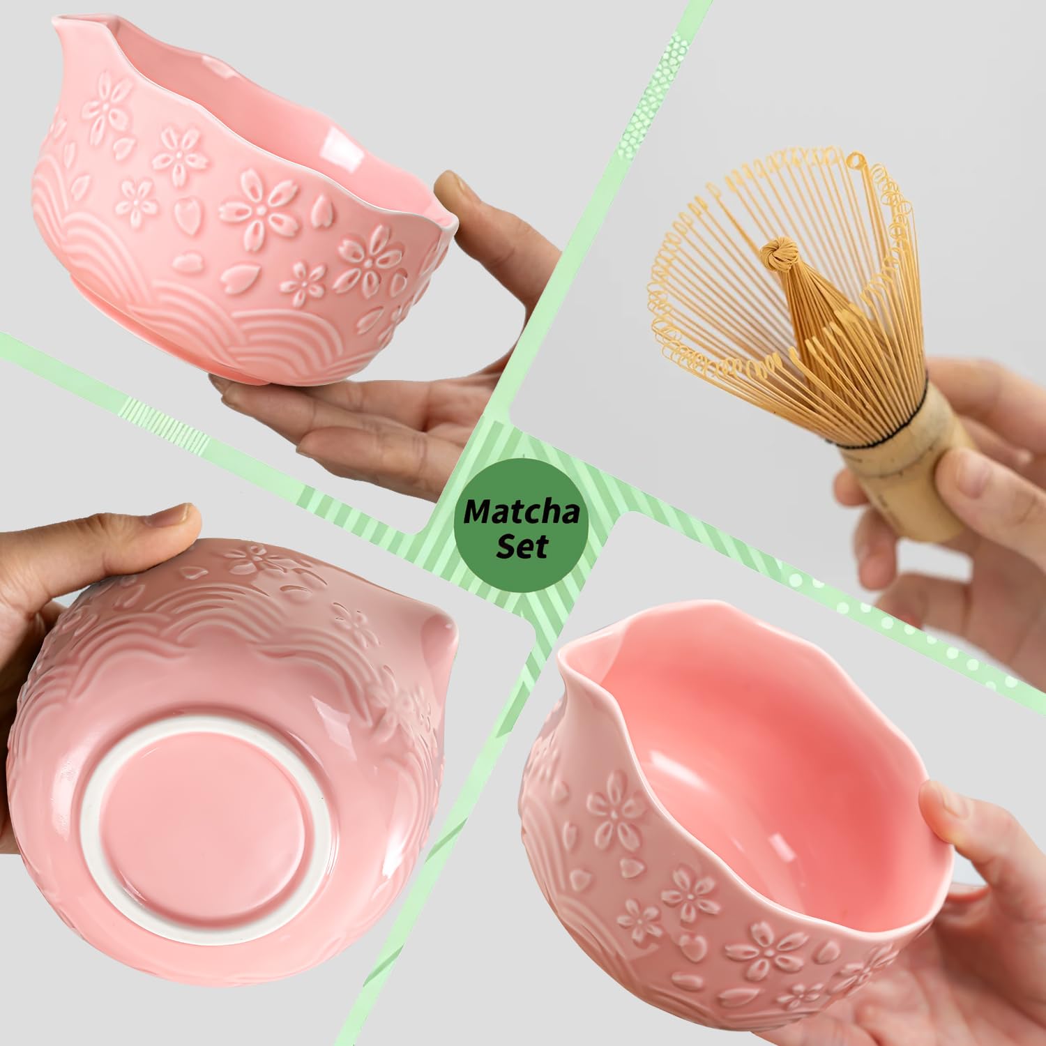 Actbaby Matcha Whisk Set ceramic bowl with spout showcases safe, high-temperature use and easy pouring.