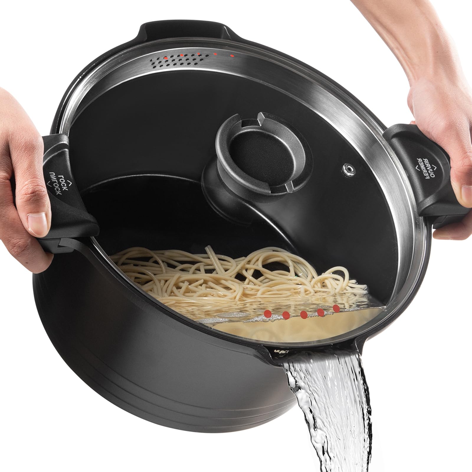 ACTIV CUISINE 8.5qt pasta pot with strainer lid enables easy draining.