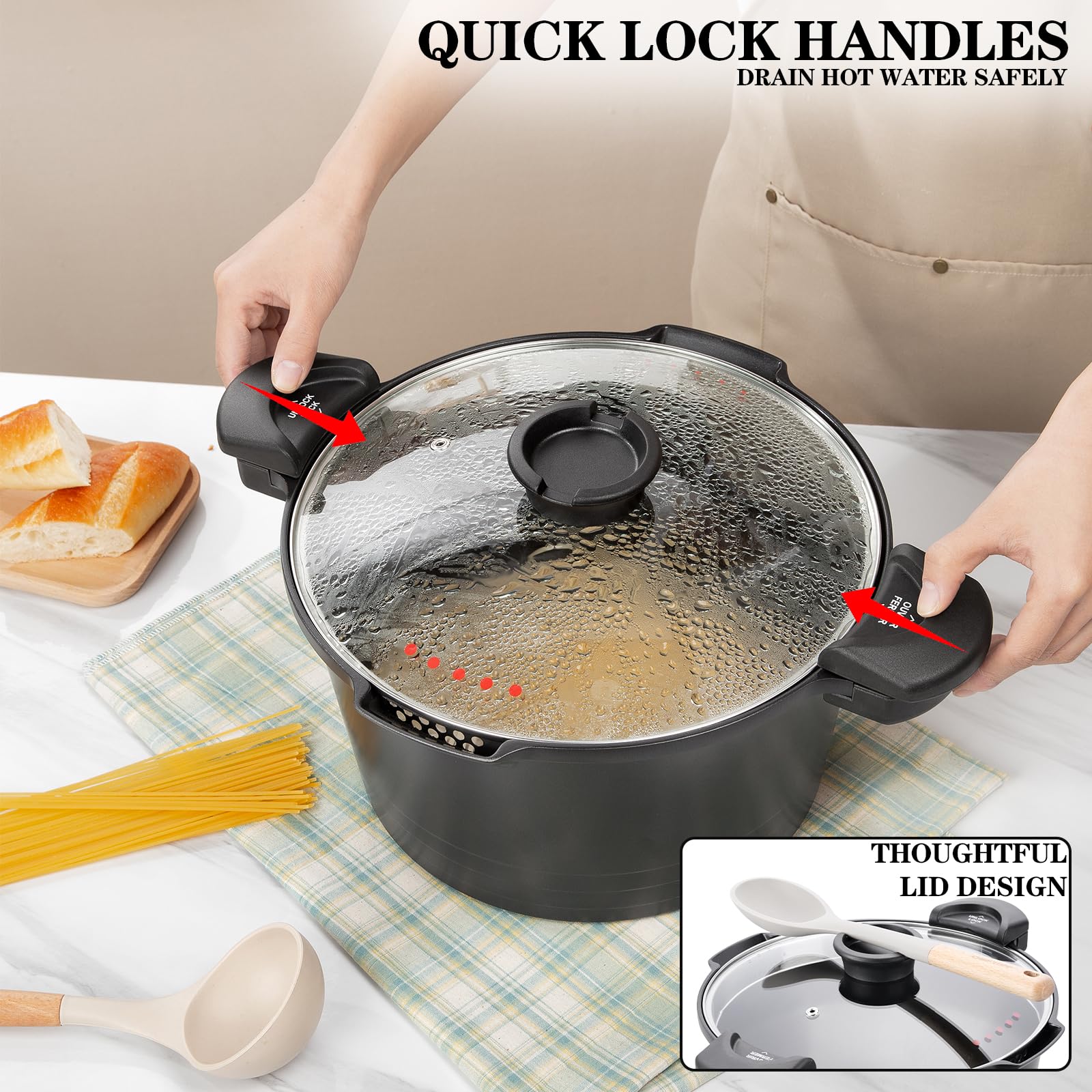 ACTIV CUISINE Bakelite ergonomic handle stays cool for comfortable cooking.