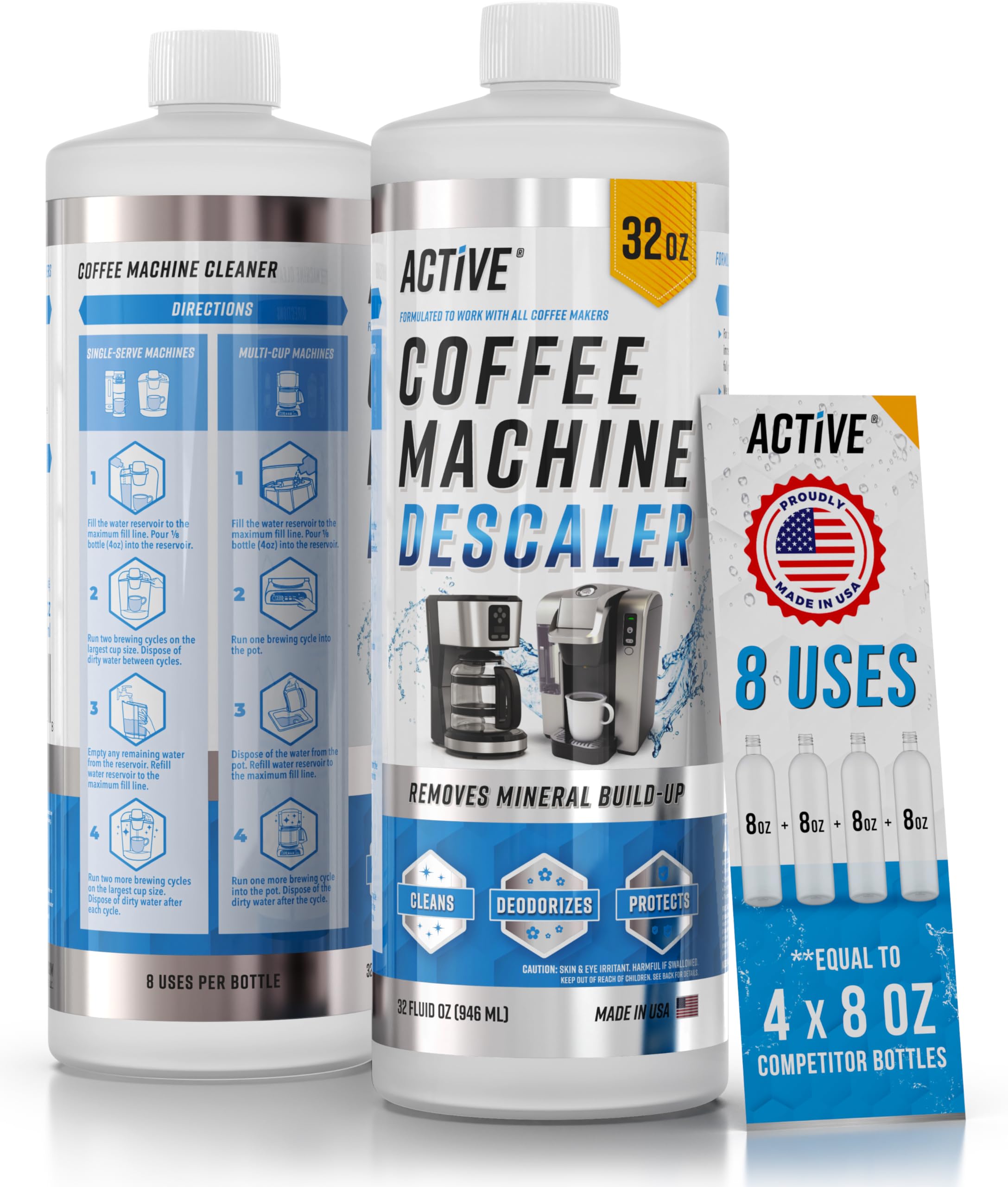 ACTIVE Coffee Descaler bottle label highlights the citric acid formula for descaling.