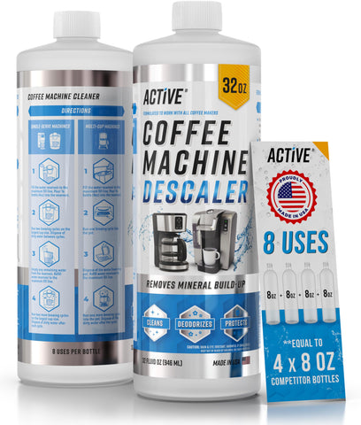 ACTIVE Coffee Descaler bottle label highlights the citric acid formula for descaling.