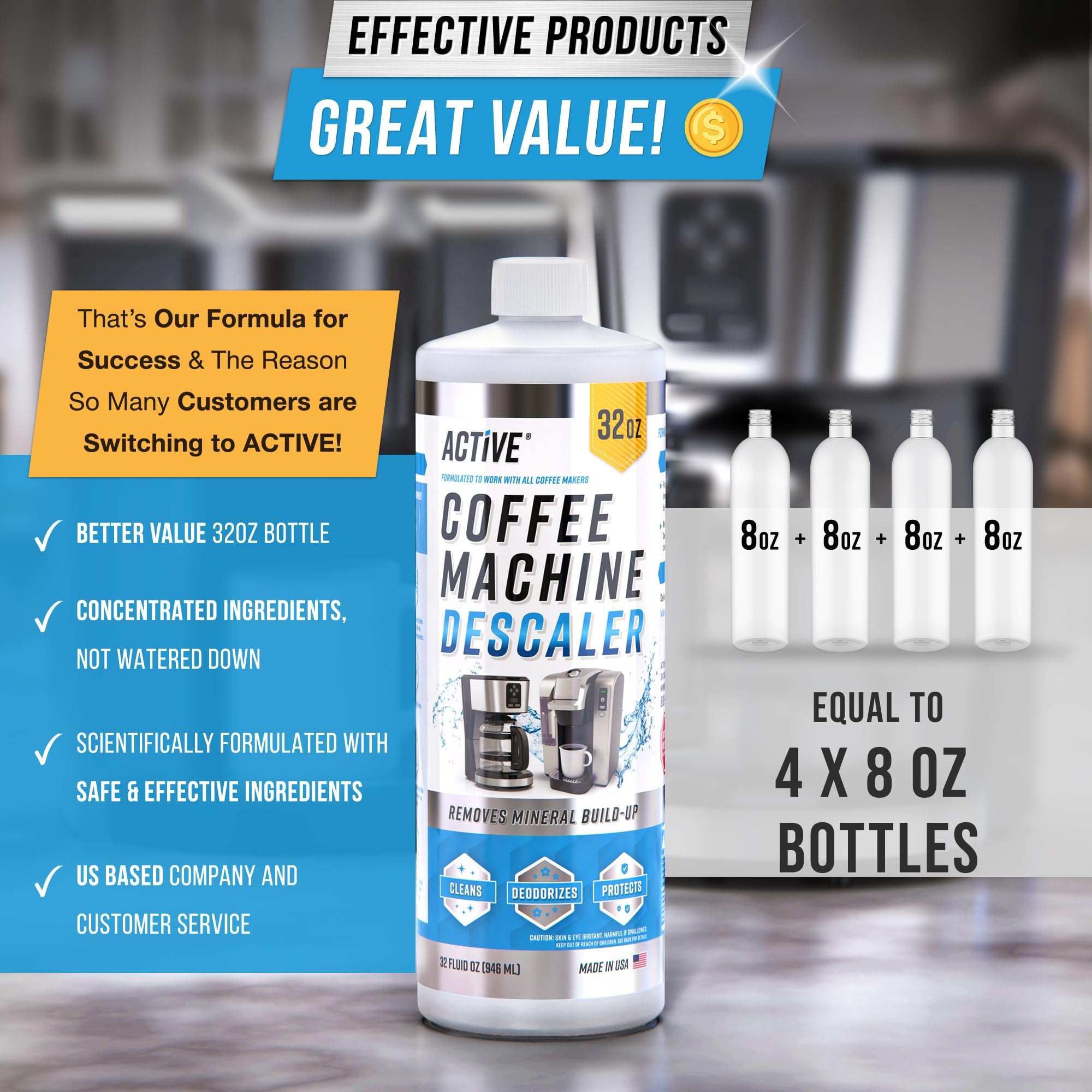 ACTIVE Coffee Descaler beside a coffee maker, ready for routine maintenance.
