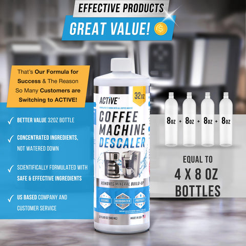 ACTIVE Coffee Descaler beside a coffee maker, ready for routine maintenance.