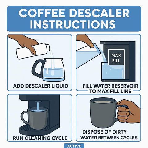 ACTIVE Coffee Descaler packaging shows eight-use value and broad compatibility.
