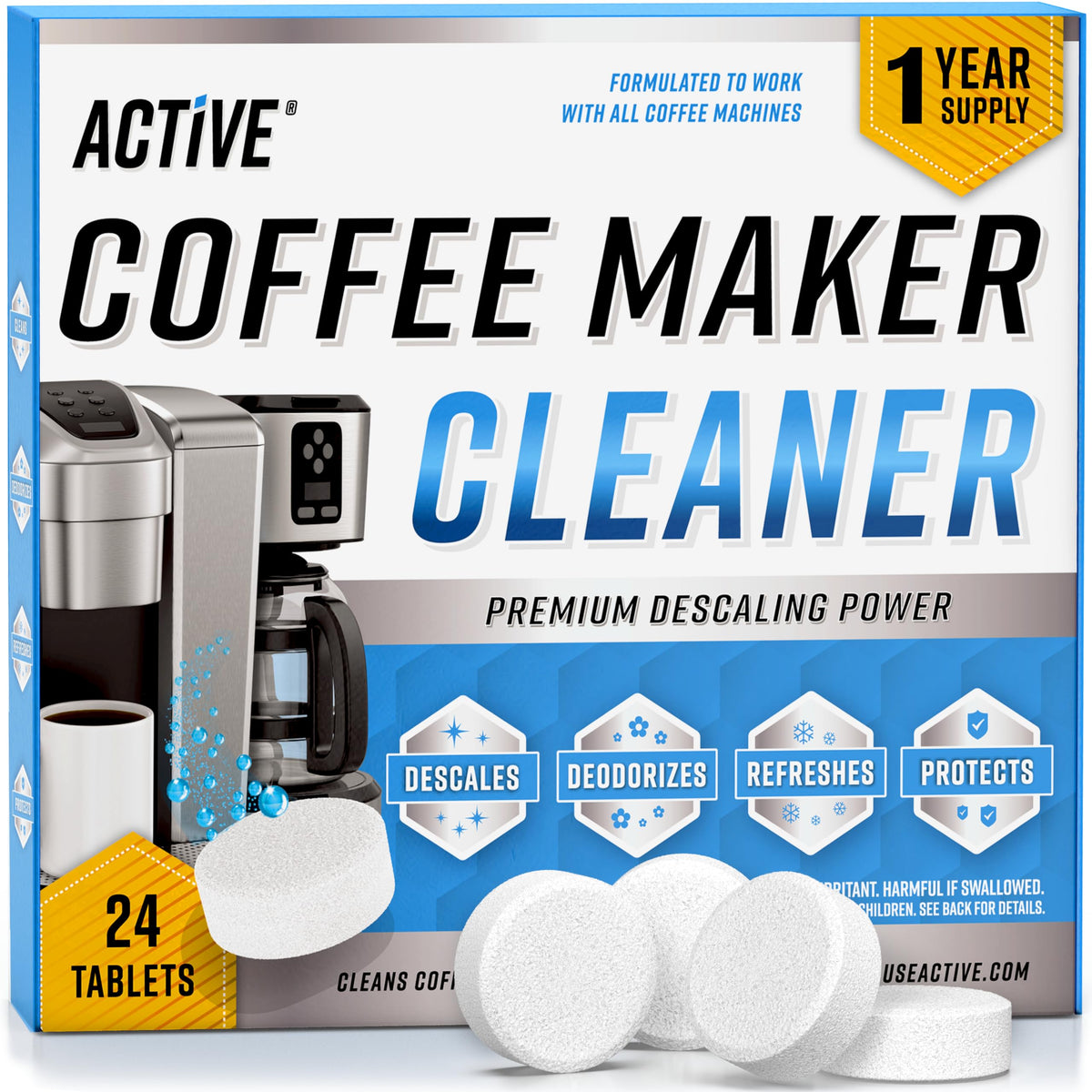ACTIVE coffee machine cleaner tablets in a 24-count row for easy maintenance