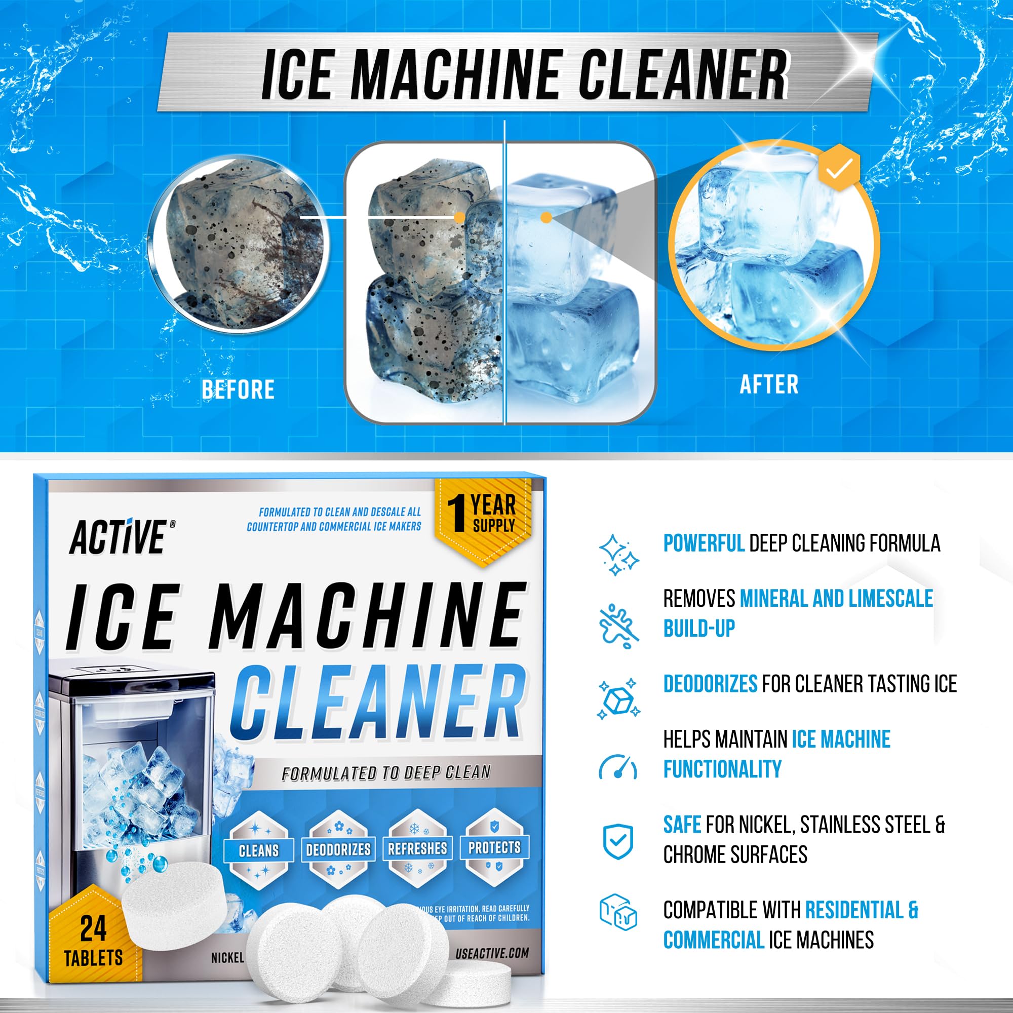 ACTIVE nickel-safe descaler tablets designed for compatible ice makers and metals