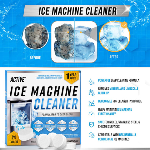 ACTIVE nickel-safe descaler tablets designed for compatible ice makers and metals