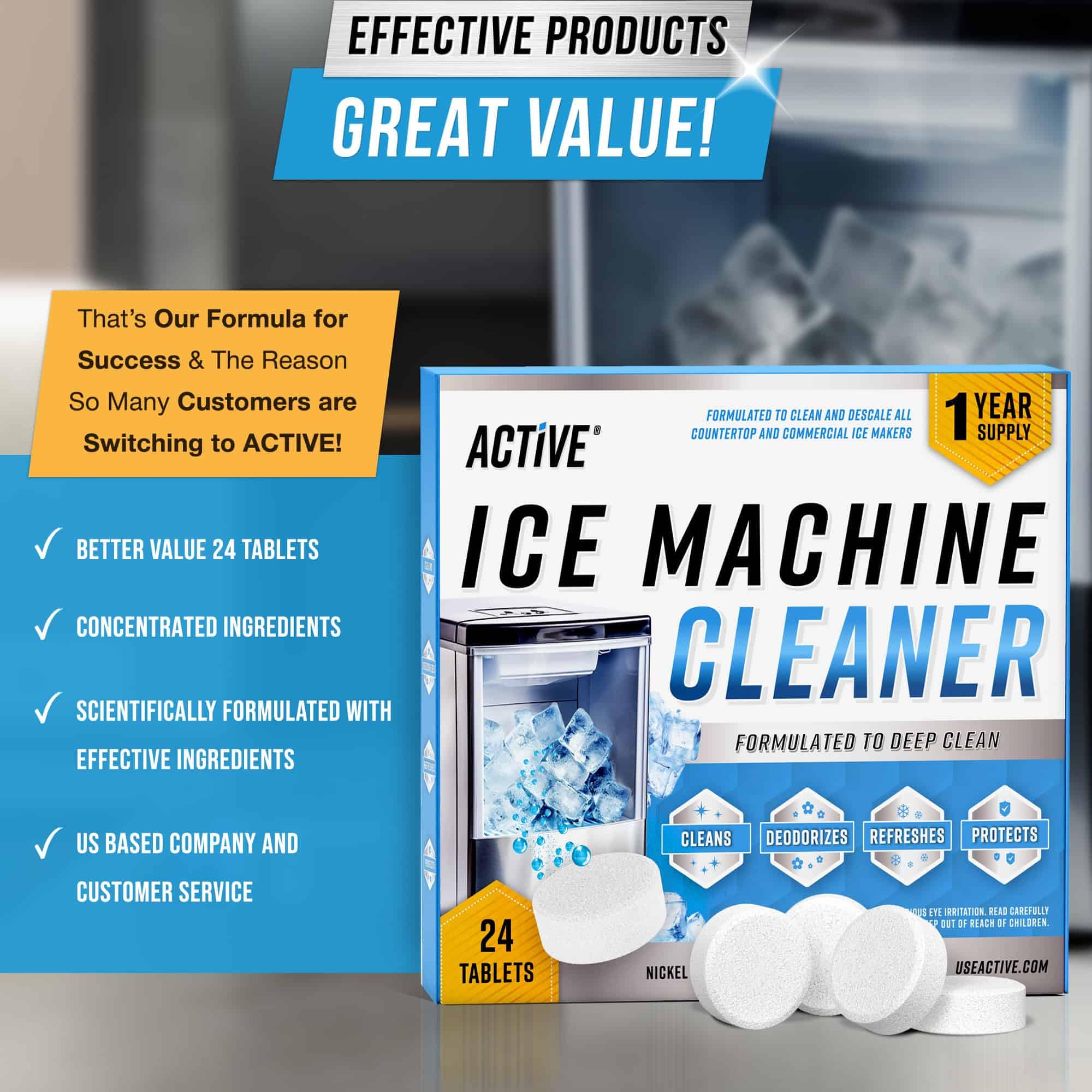 ACTIVE odor-eliminator descaler kit keeps machines smelling fresh between cleanings
