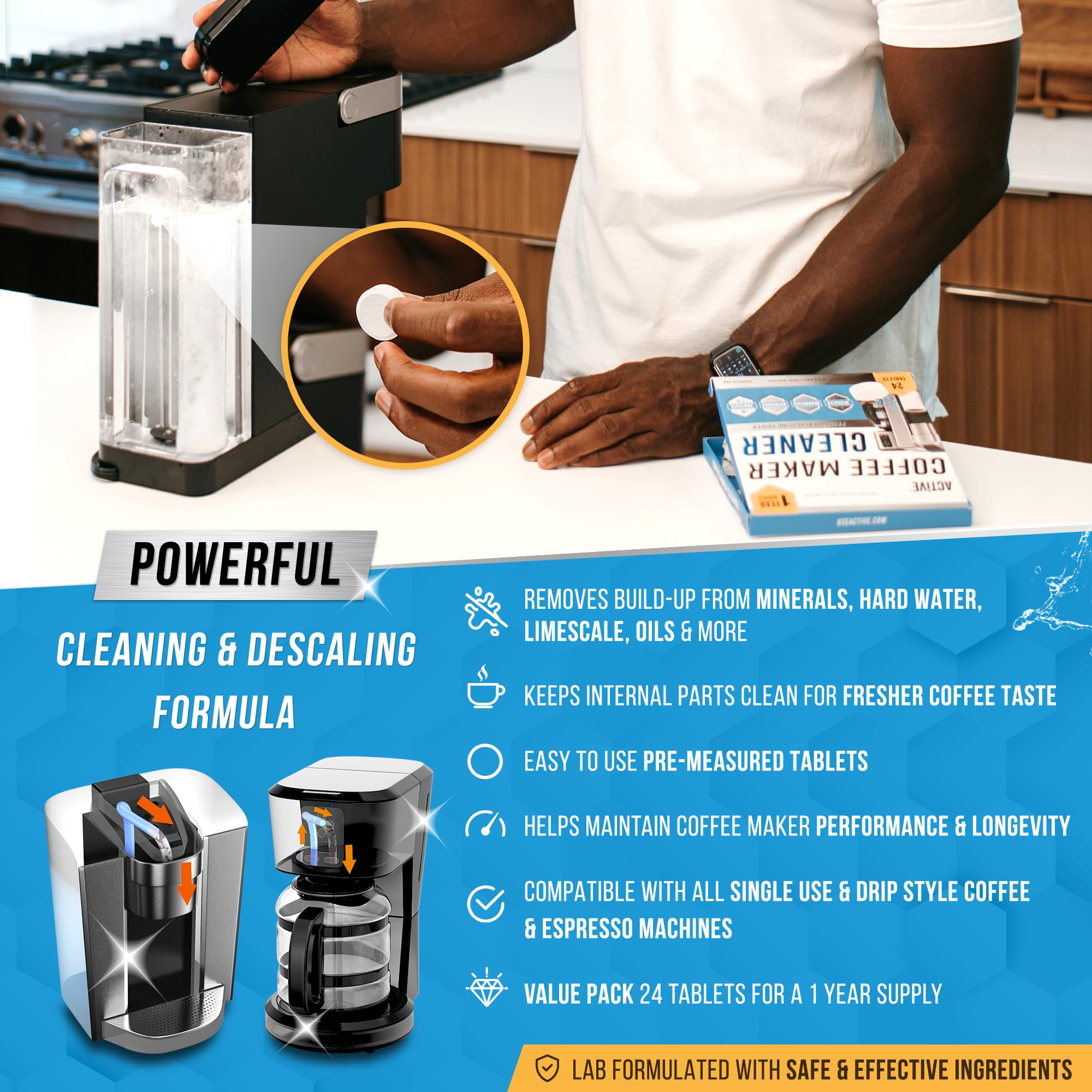 ACTIVE cleaner tablets with multi-brand compatibility label for versatile use