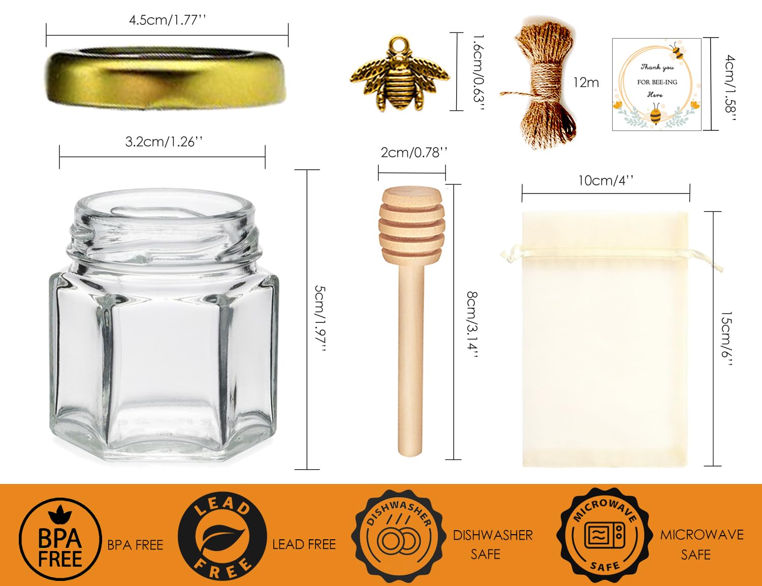 Adabocute honey pot with wood dipper and gold lid, leak resistant.