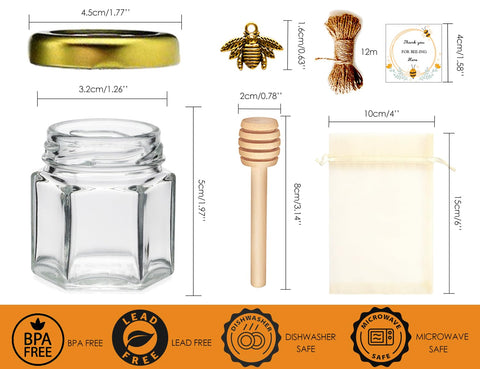 Adabocute honey pot with wood dipper and gold lid, leak resistant.