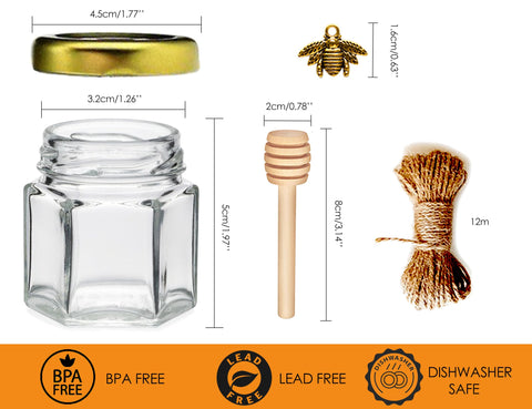 Wooden honey dipper beside hexagon jar accenting rustic wedding presentation