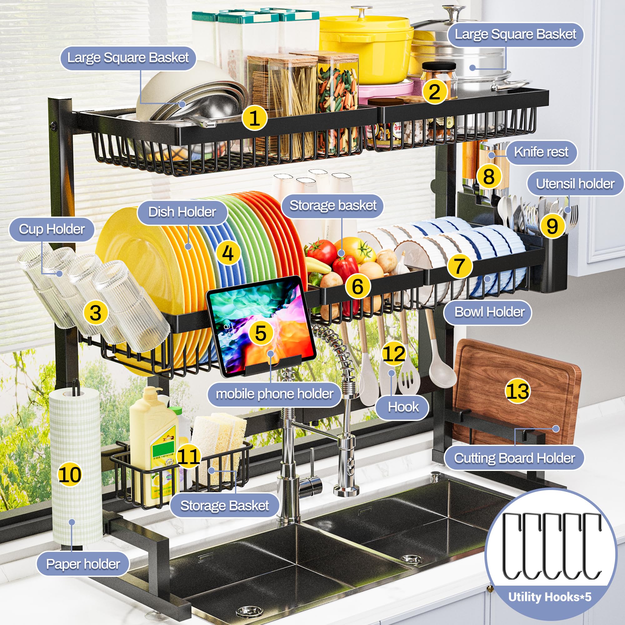 ADBIU over-sink dish rack accessories included for customized arranging.