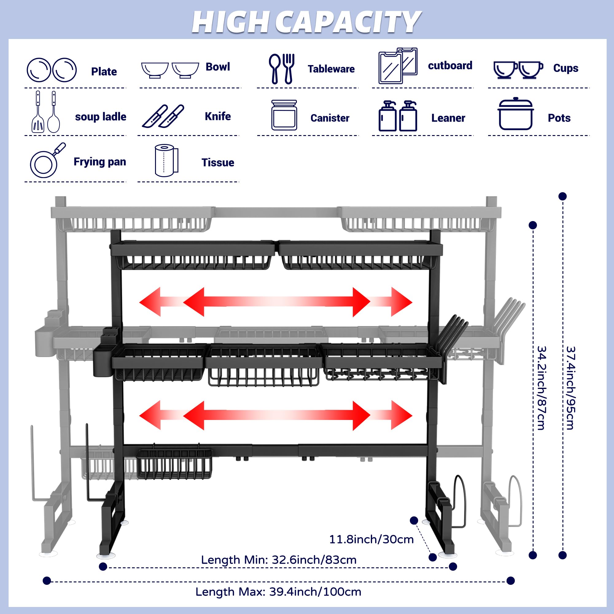 ADBIU over-sink dish rack extended height accommodates tall items, enhances air drying.