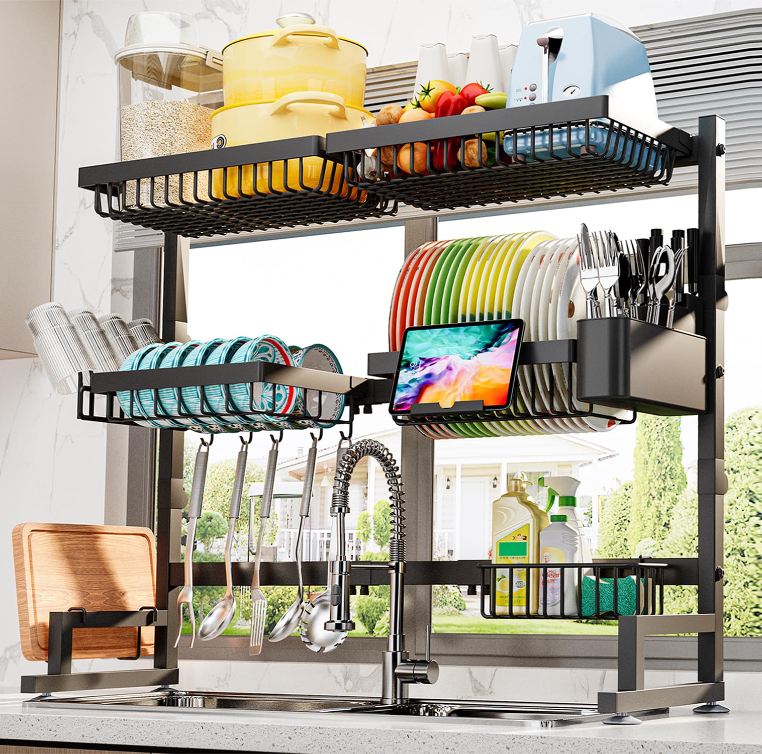 ADBIU over-the-sink dish rack shows extendable length to fit larger sinks.