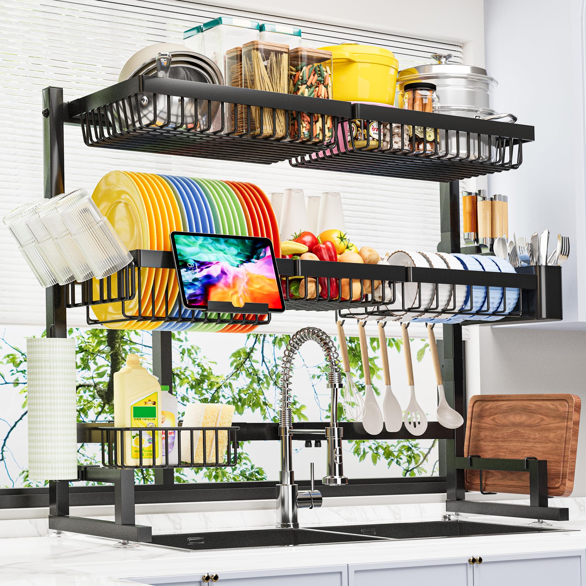 ADBIU over-sink dish rack extended length for larger sinks, keeps dishes organized.