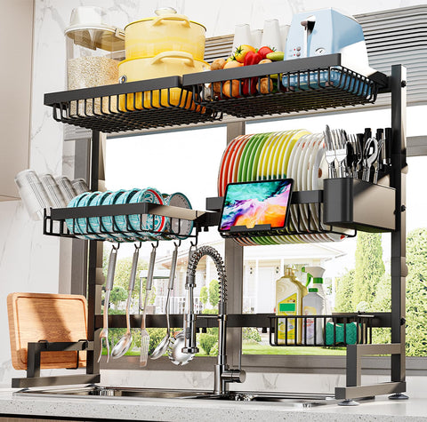 ADBIU over-the-sink dish rack shows extendable length to fit larger sinks.