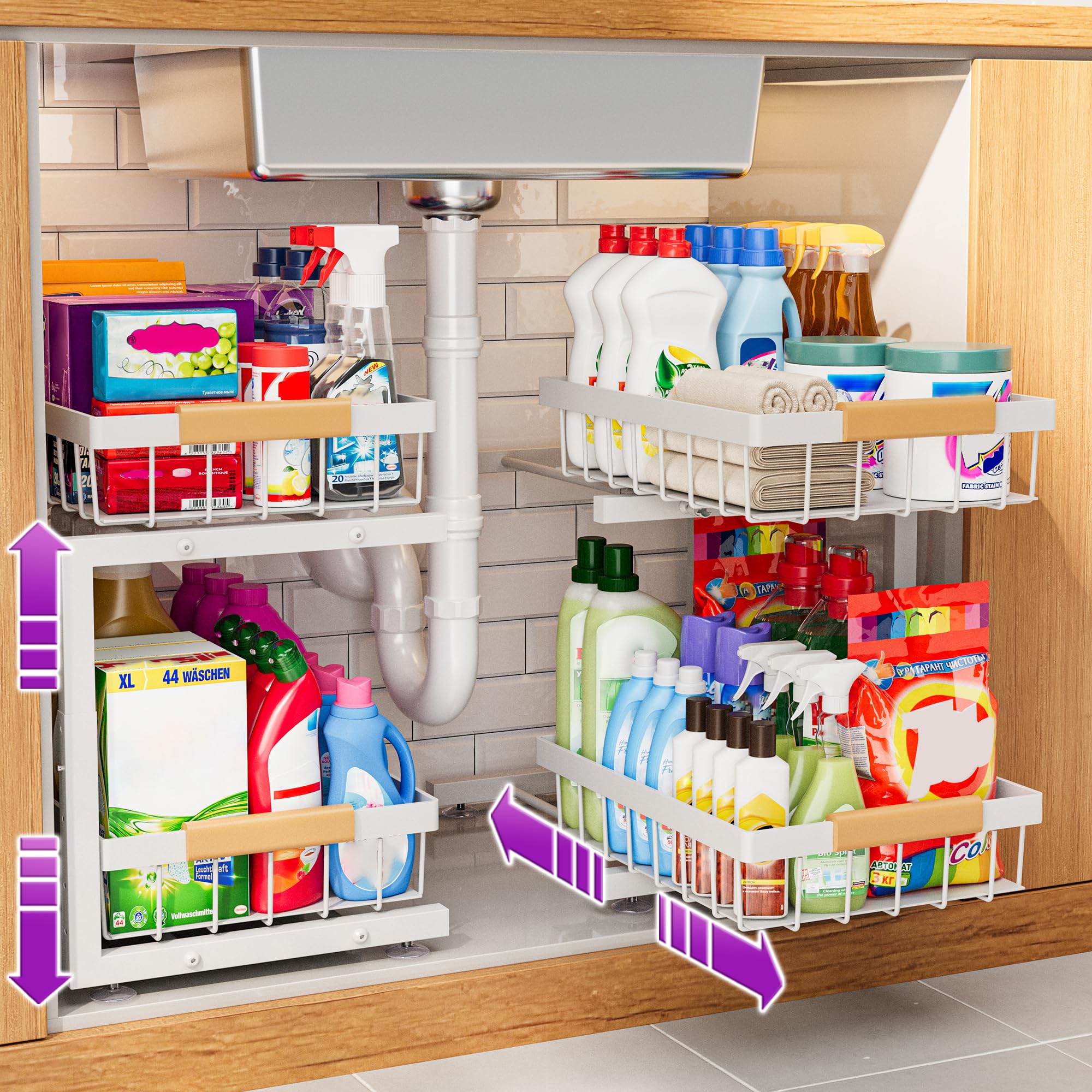 ADBIU under-sink organizer 2-Pack two-tier system keeps kitchen clutter tidy and accessible.