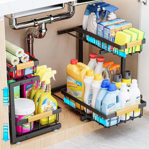 ADBIU Under Sink Organizer 2-Pack two-tier adjustable height for cramped cabinet storage