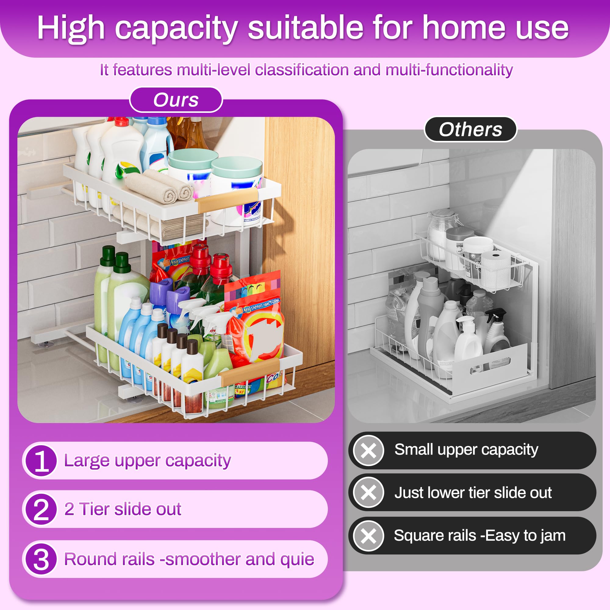ADBIU under-sink system with sliding baskets makes reaching bottles and tools effortless.
