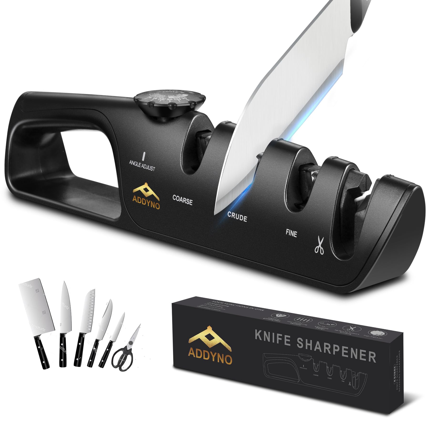 Addyno 4-in-1 sharpener with angle guide ensures precise bevels for kitchen knives.