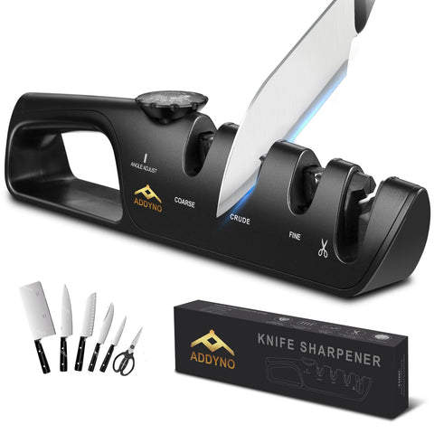 Addyno 4-in-1 sharpener with angle guide ensures precise bevels for kitchen knives.