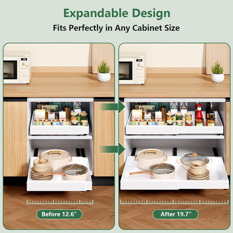 Adjustable pantry organizer drawer reaching pots and pans in deep base cabinet