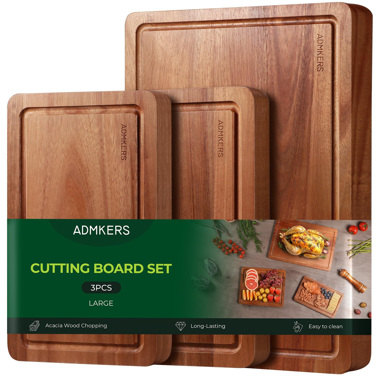 ADMKERS acacia cutting board 17x12 top view offers durable prep surface