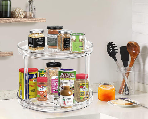 Adoco 2-Tier Lazy Susan bathroom setup, clear organizer on countertop for easy access.