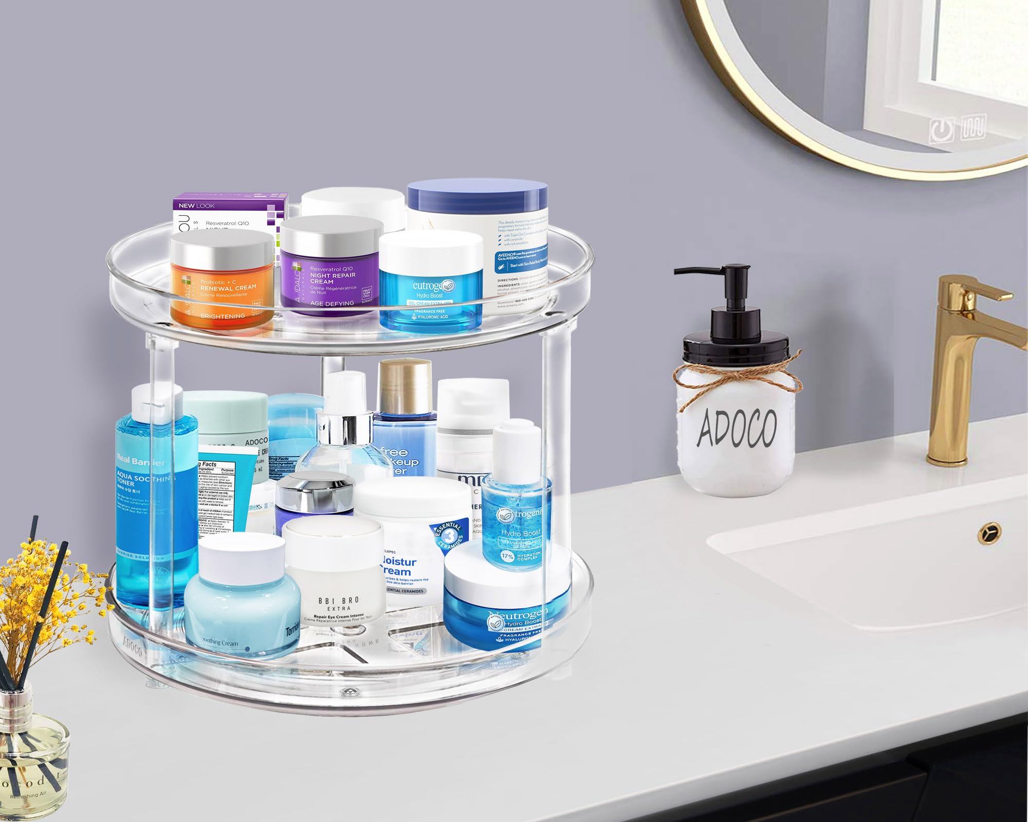 Adoco 2-Tier Lazy Susan countertop organizer, ideal for spices and jars.