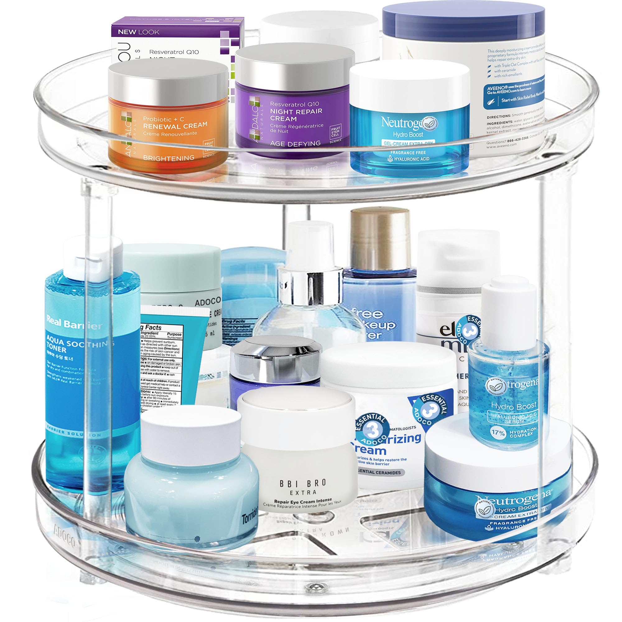 Adoco 2-Tier Lazy Susan top view, clear design for quick cosmetics access.