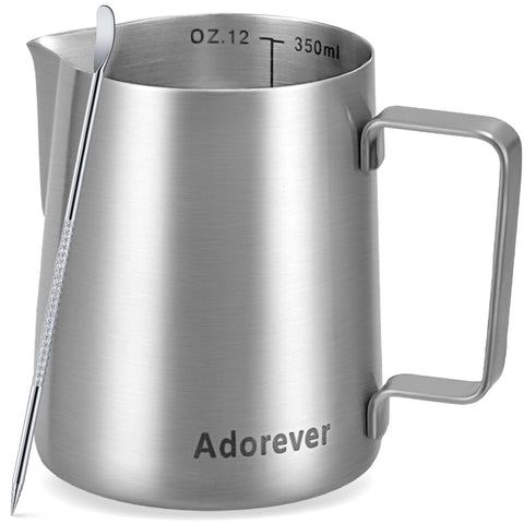 Adorever 12oz milk frothing pitcher in stainless steel for smooth latte foam