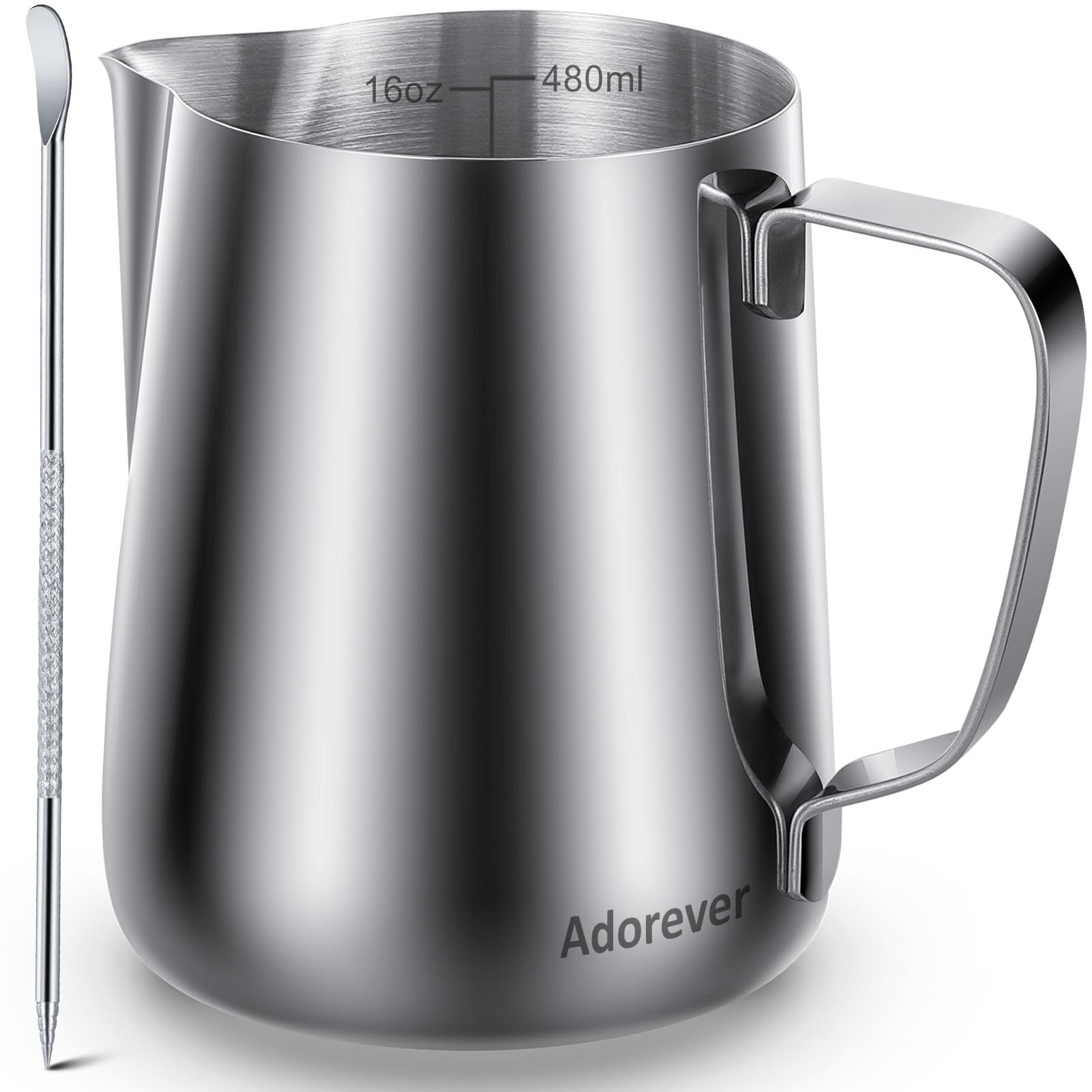 Adorever milk frothing pitcher front view for precise foaming in home barista setups.