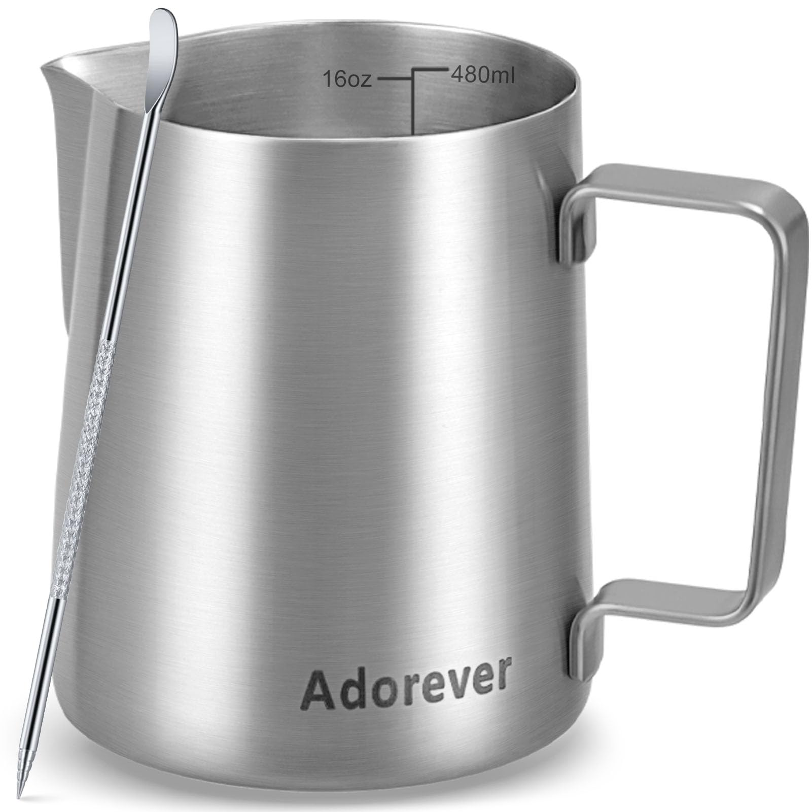 Adorever 16oz milk frothing pitcher with stainless steel body for smooth latte foam.