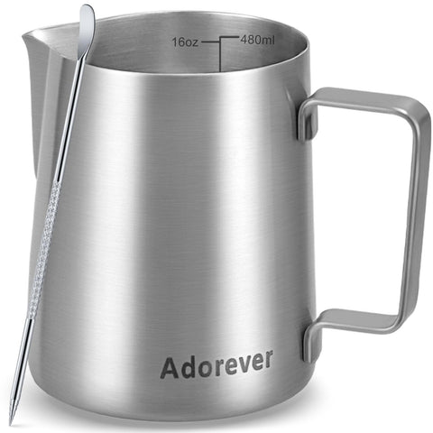 Adorever 16oz milk frothing pitcher with stainless steel body for smooth latte foam.