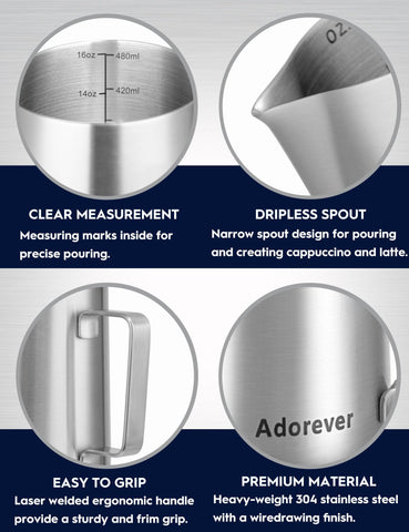 Adorever pitcher with non-slip base helps control pours during frothing.