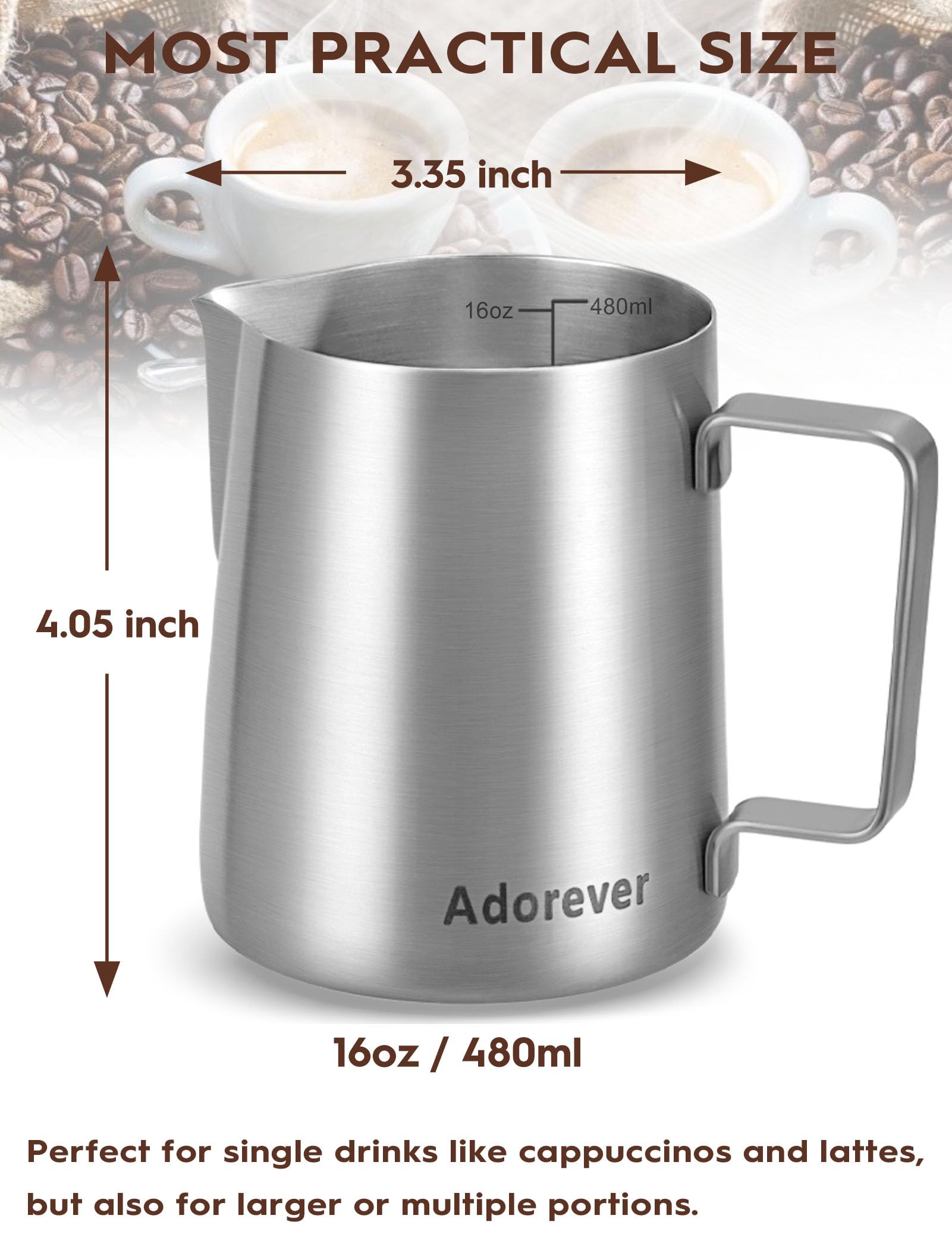 Adorever stainless steel pitcher featuring ergonomic handle for comfortable pours.