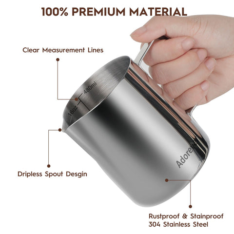 Adorever stainless steel pitcher with inside markings supports accurate milk measurements.
