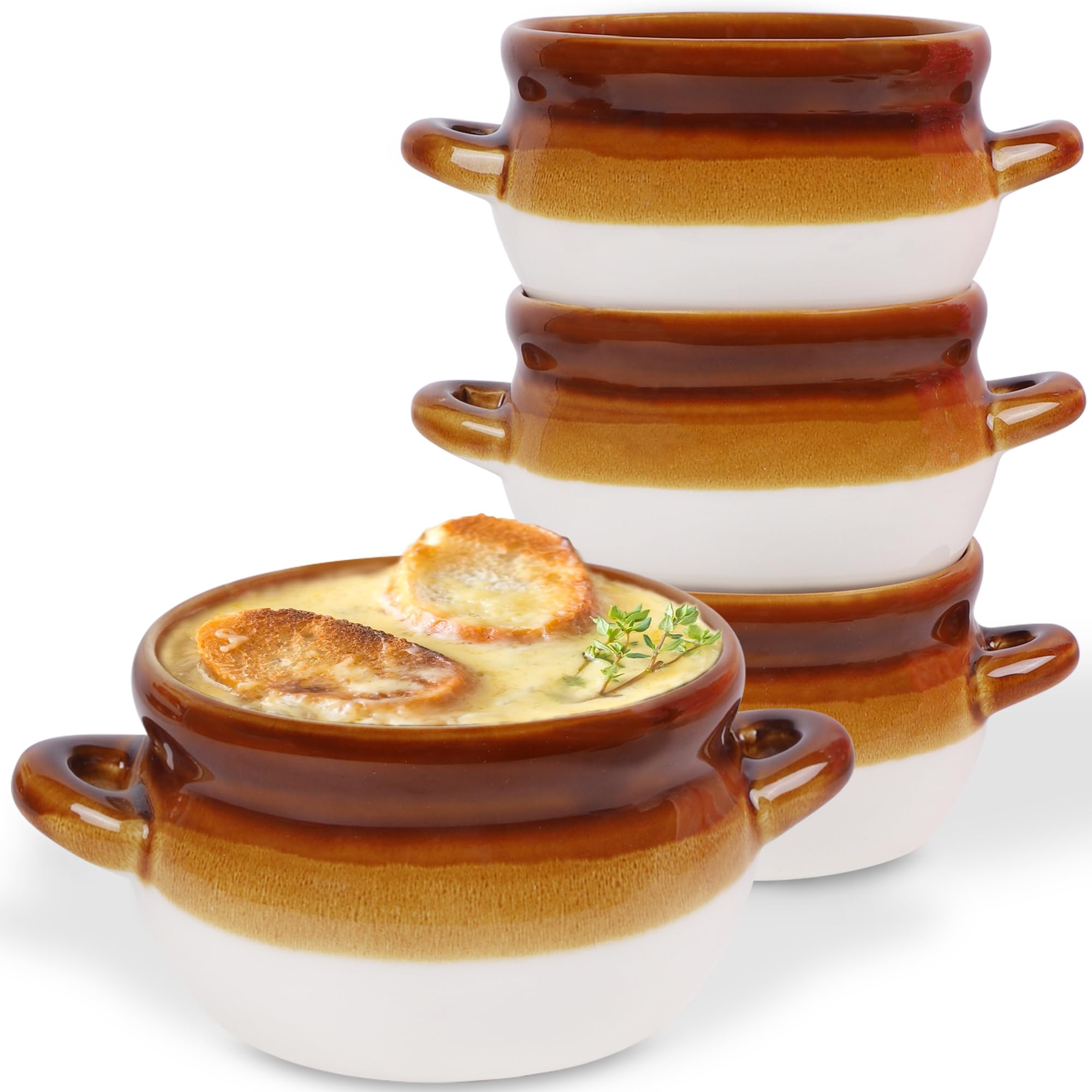 Adroiteet French Onion Soup Crocks, 16 oz, 4-pack with a warm glazed finish.