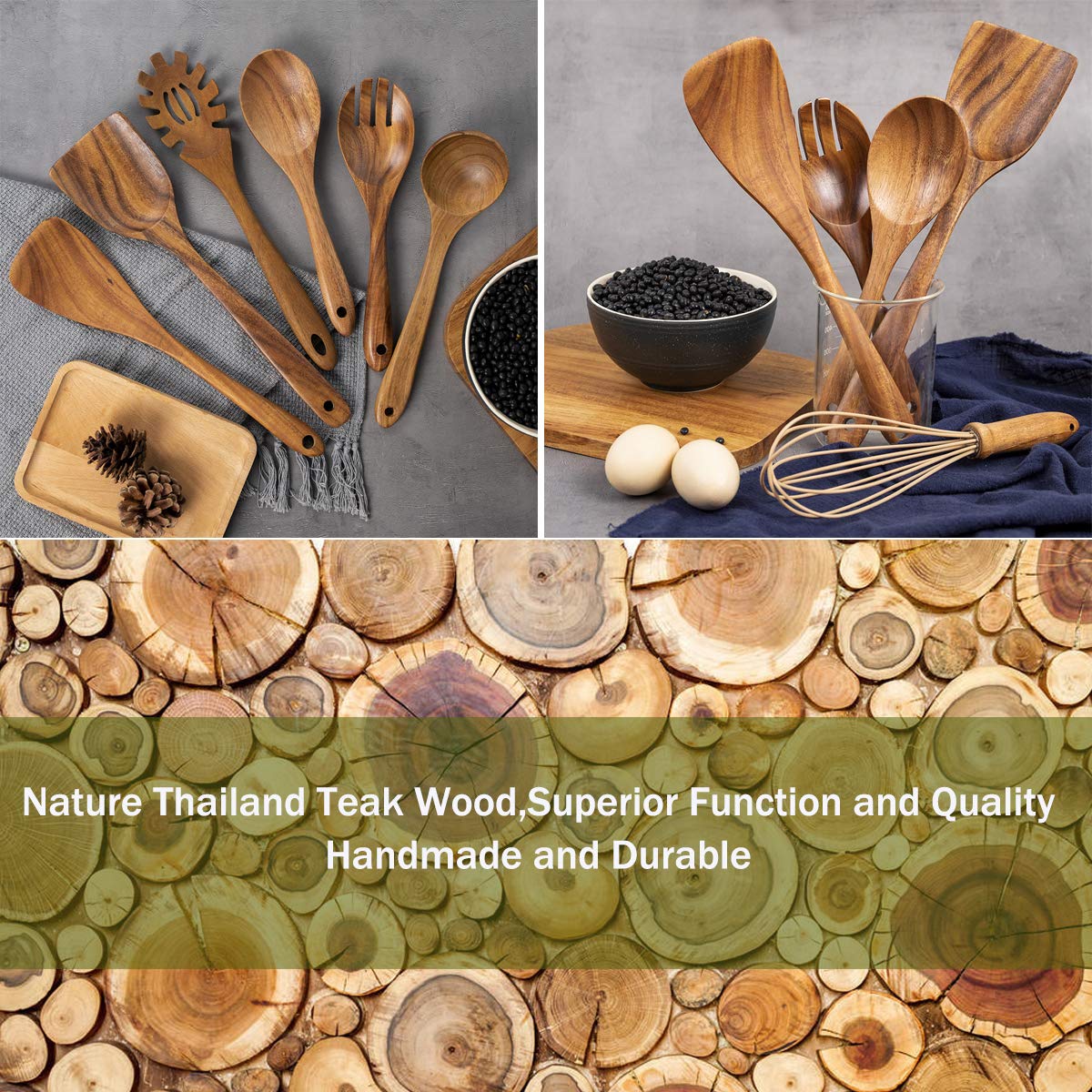 ADT AIUHI wood utensils 10-piece set laid flat for a complete cooking collection.
