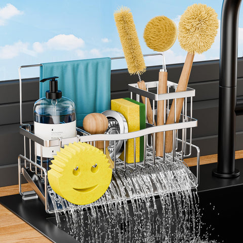 Adurei sponge holder for kitchen sink highlights 304 stainless steel durability and rust resistance.