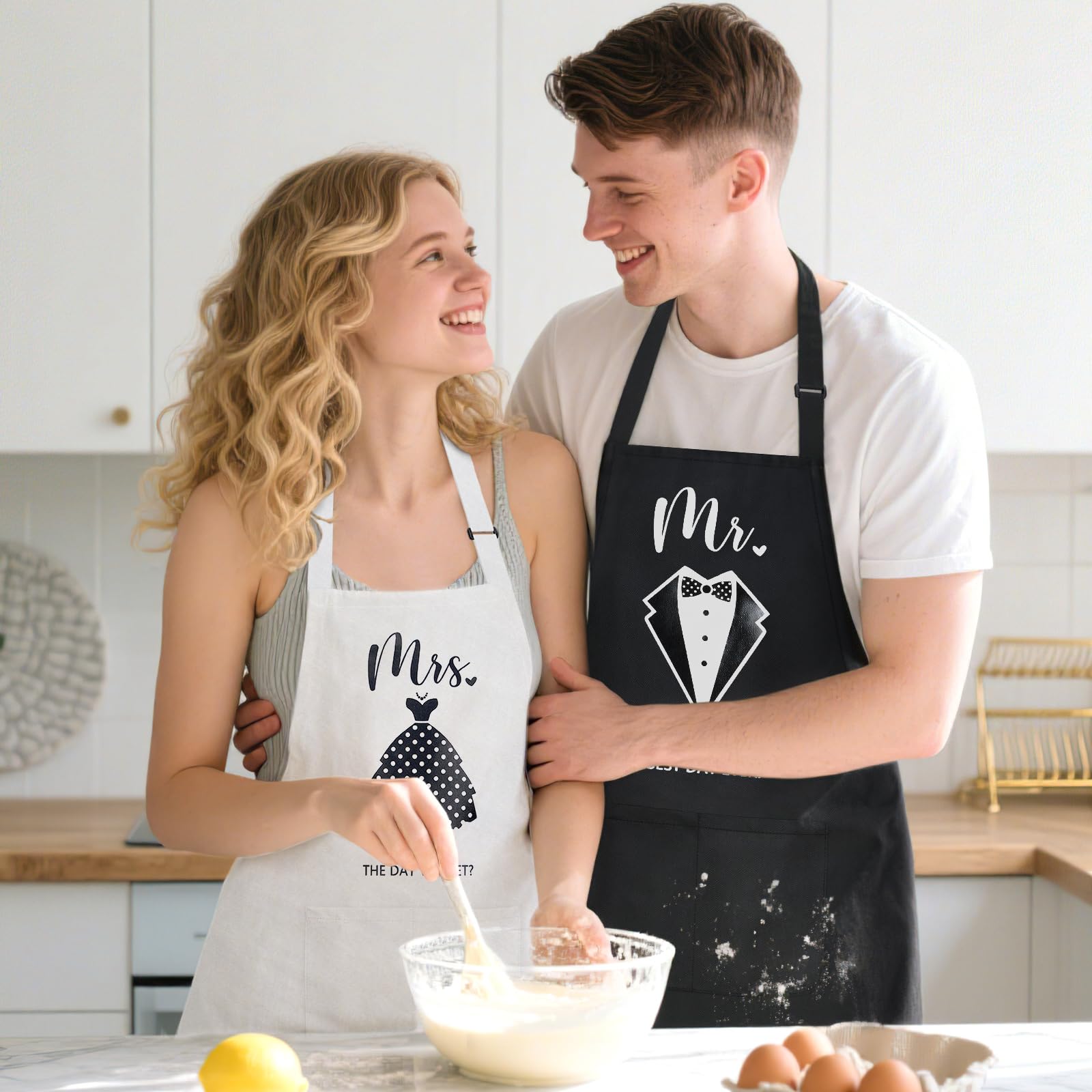 Adwaita Mr and Mrs aprons with large pockets for easy cooking