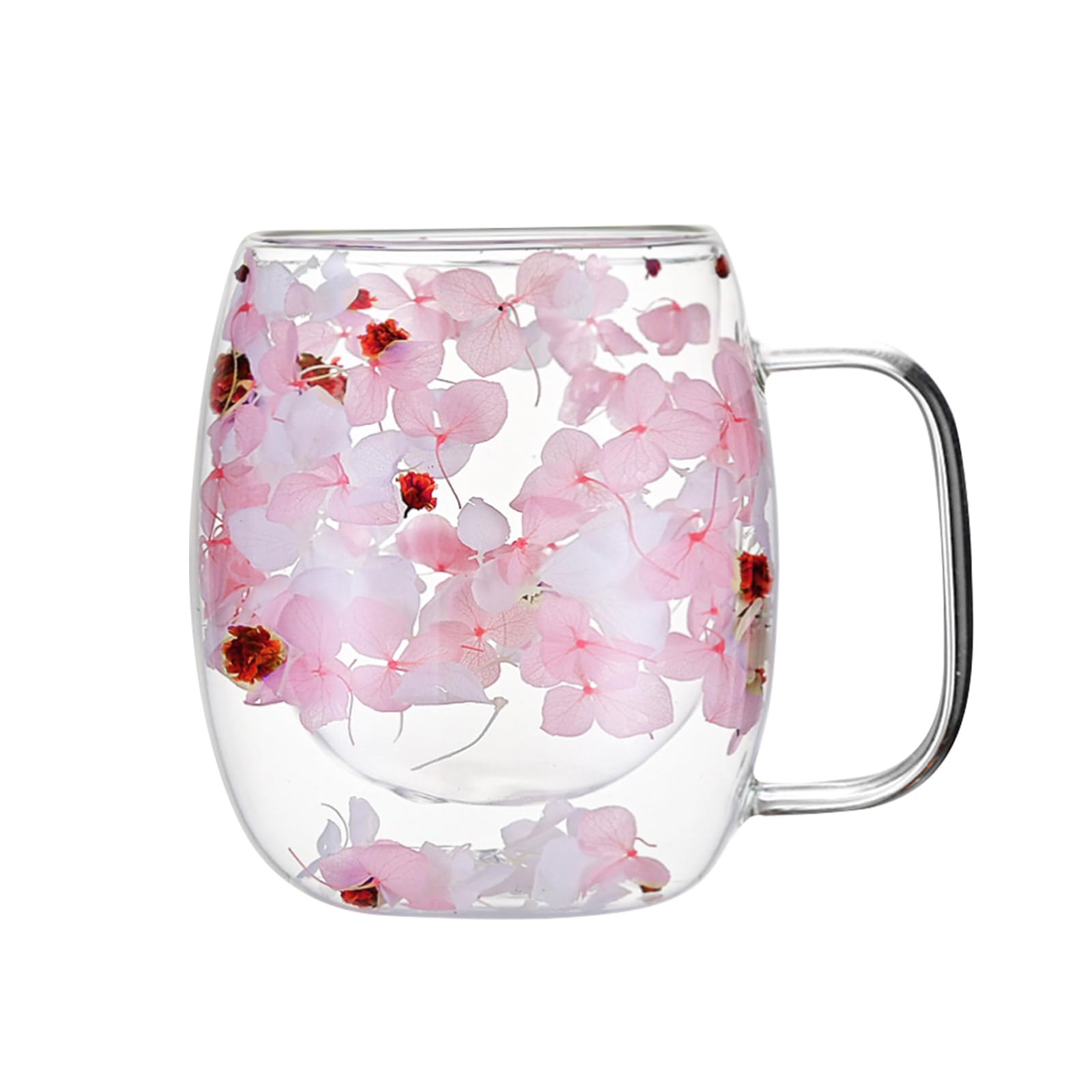 AecveXong double-wall glass mug with pink hydrangea design for hot or cold drinks