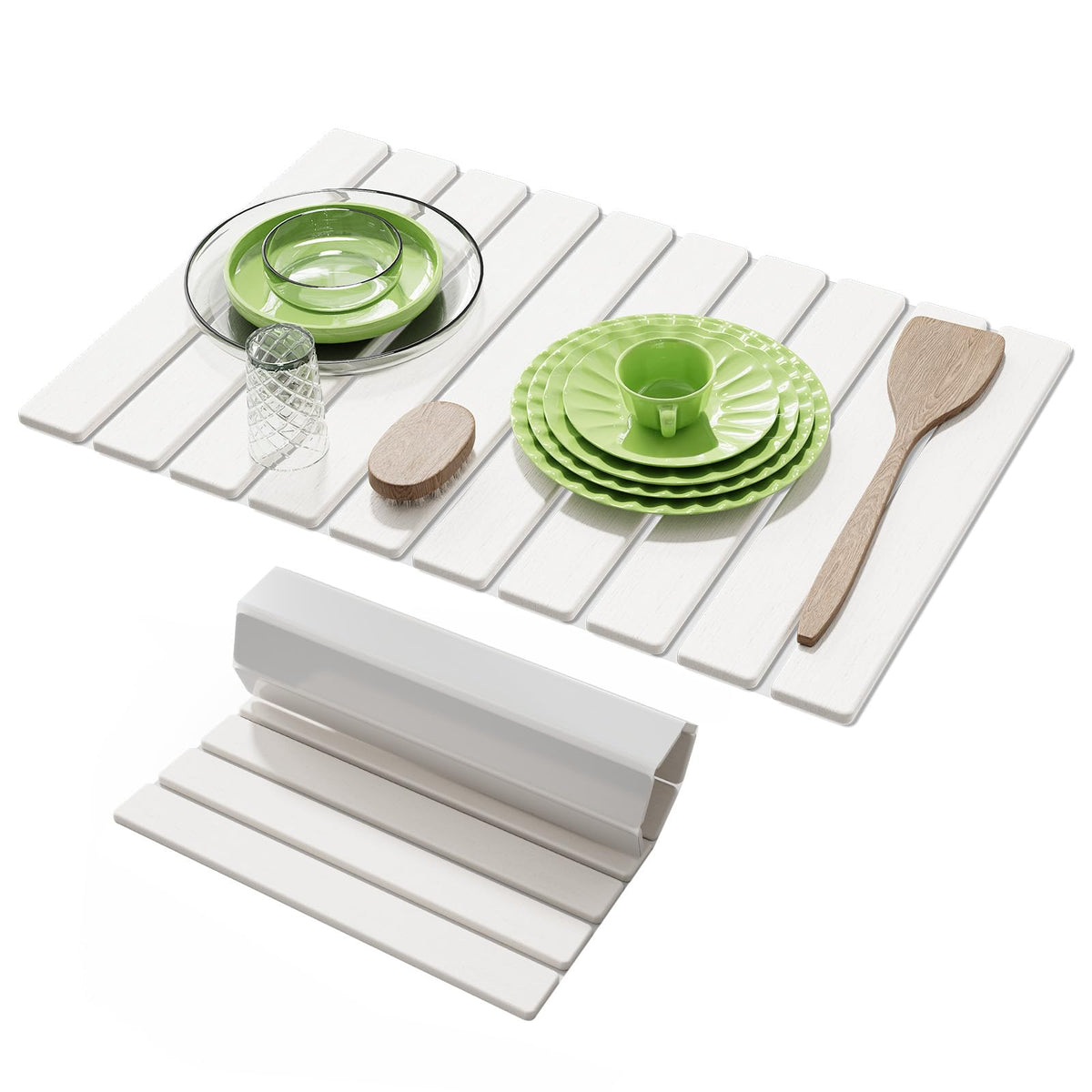 AEFLM large stone drying mat on countertop keeps dishes dry and organized.